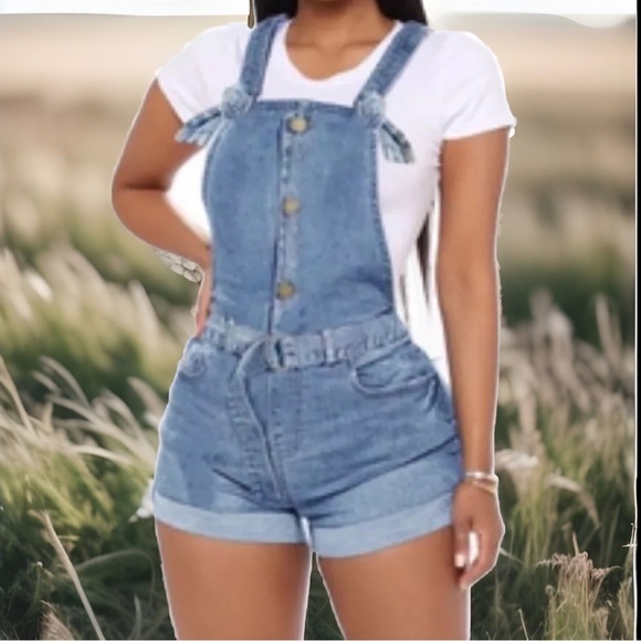 Vintage 90’s Stone Wash Style Button Bandage Design High Waist Overalls shorts - Picture 5 of 16